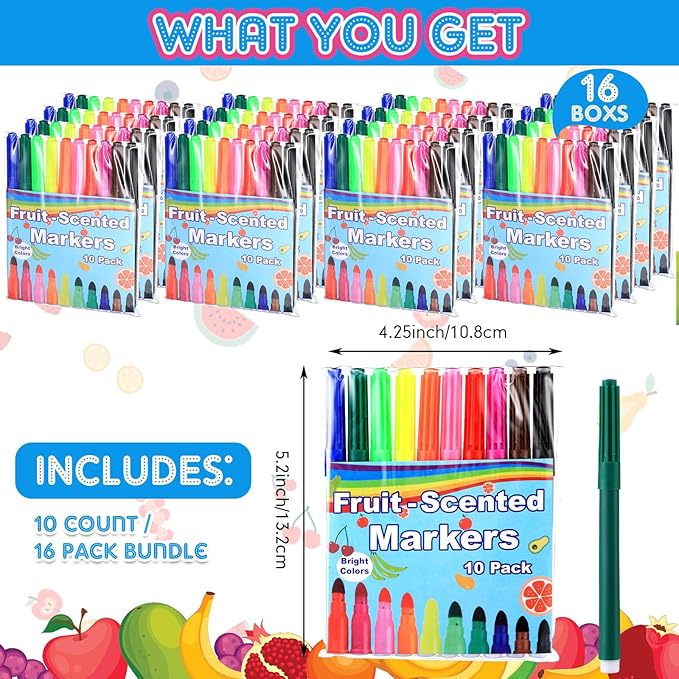 16 Pack Fruit Scented Washable Markers Bulk, 160 Count 5.2 Inch Coloring Markers, 10 Colors Art Supplies Birthday Gifts Must Haves and Reward