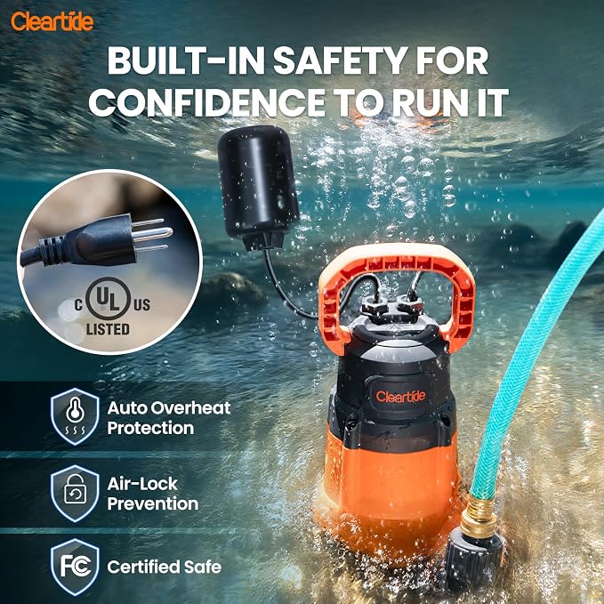 Submersible Water Sump Pump with Float Switch, 1/2 HP 3060 GPH High Flow, Ideal for Yard and Flooded Cellar, Hot Tub, Garden Irrigation, Debris-Handling up to 3/8"