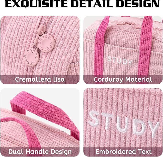 EASTHILL Corduroy Hand-held Pencil Case Large Cute Pencil Pouch Stationery Pen Bag for Teen Girls-Pink