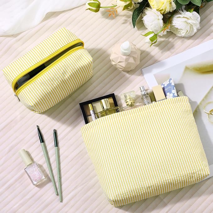 Huhumy 2 Pcs Makeup Bag Set for Women, Yellow, Thin Striped Seersucker | Cute Cosmetic Pouch Women Travel Toiletry Bag Preppy Small Makeup Purse Pouch Aesthetic Skincare Brushes Storage Organizer