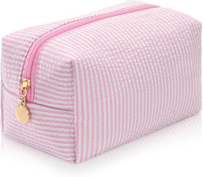 Makeup Bag Travel Toiletry Bag for Women, Small Cosmetic Bags Cute Pink Stripe Aesthetic Organizer Makeup Pouch for Purse Emergency Bag Pencil Case Accessory Bag