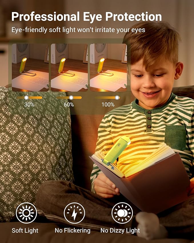 DEWENWILS Amber Book Light for Reading, USB Rechargeable, 3 Brightness Levels, Blue Light Blocking, Kids & Adults (Green)