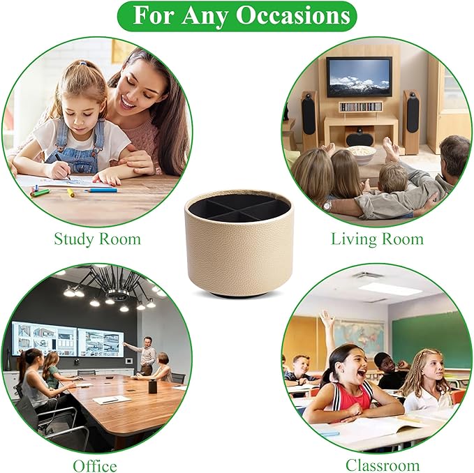 Round Leather Art Supply Organizer,Remote Control Holder,360 Degree Spinning,Multi-Functional Pencil Holder,4 Compartments Desktop Stationary Organizer(1-Lichee Gold)