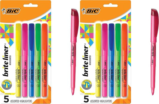 BIC Brite Liner Highlighters, Chisel Tip, 5-Count | Assorted Colors | Pack of 2