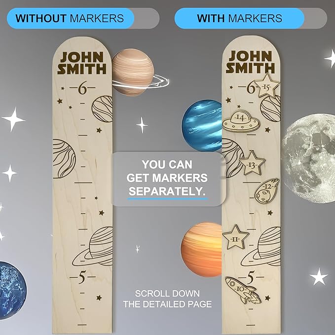 Wooden Height Chart for Wall - Personalized Boy Growth Chart, Custom Name Space Ship Theme Height Ruler Wood, Nursery Growing Wall Meter for Children, Large Baby Growth Chart Solar System, 2 Sizes