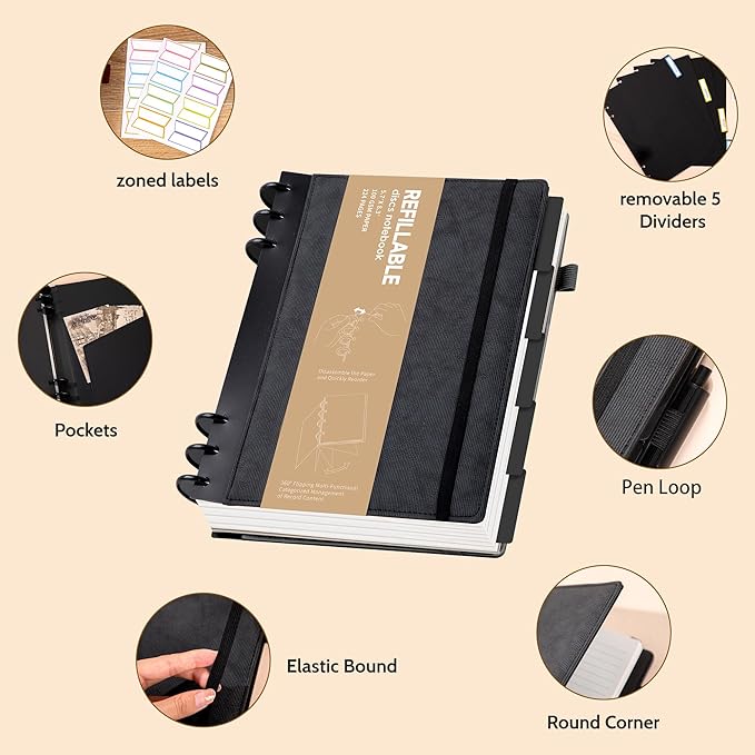 Yoment Leather Notebooks for Work Refillable 224 Page Lined Journal for Men, 100 GSM Thick 5 Subject Notebook with Removable Dividers Tabs Hardcover Notebook for School Note Taking 6.1 x 8.3,Black