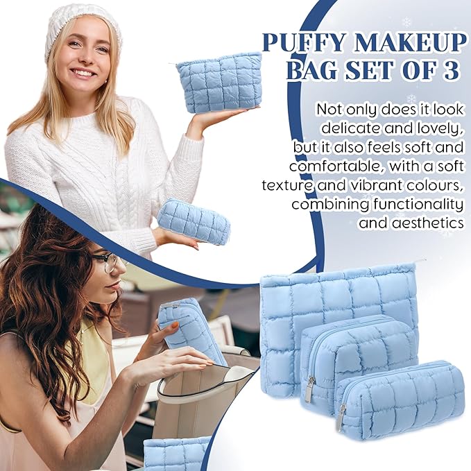 Huhumy 3 Pcs Puffy Makeup Bag Quilted Cosmetic Pouch for Women Cute Checkered Travel Toiletry Bag Puffer Makeup Organizer Purse Pouch Preppy Pencil Case with Zipper