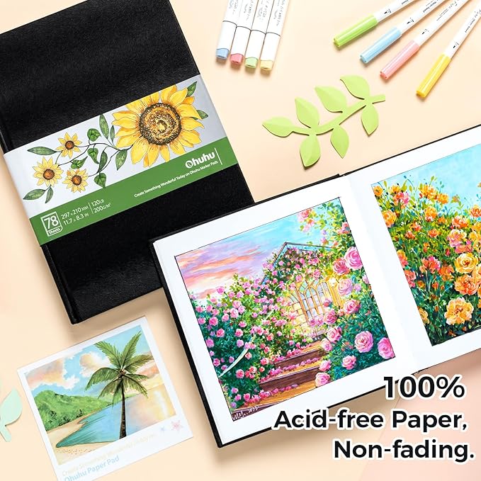 Ohuhu Sketchbook Marker Paper Pad: 2 Pack 8.3"x8.3"&8.3"x11.7" Art Sketch Book Drawing Papers Each Size Holds 78 Sheets/156 Pages 120 lb/200 gsm Hardcover Sketching Books Christmas Gift