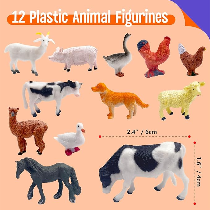 12 Farm Animal Figurines for Kids, Plastic Animal Toys Tiny Portable Farm Creature Figures Playset Montessori Toys Educational Game for Homeschool Preschool Toddler Kids