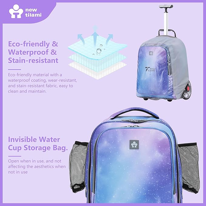 NEW TILAMI 20" Rolling Backpack for Teens Adults, Climbing Stairs Waterproof Backpack with Wheels for School Business Trave Camping with Laptop Compartment, Fit 17 Inch Laptop, Purple - Blue Fade