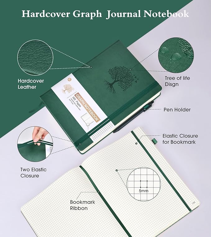 Ansopu Graph Paper Notebook Journal, 360 Numbered Pages Grid Notebooks 8.5 x 11, Thick 100gsm Paper Graphing Notebook Journals for Women Men, A4 Large Hardcover Graph Leather Notebook Green
