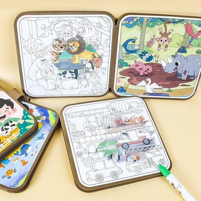 Smilo 4 Pack Magic Water Coloring Book for Kids, Reusable Mess-Free Painting Set with Alphabet, Numbers, Animal Themes, Fun Educational Sorting Game for Fine Motor Skills, Travel Gifts for Boys Girls