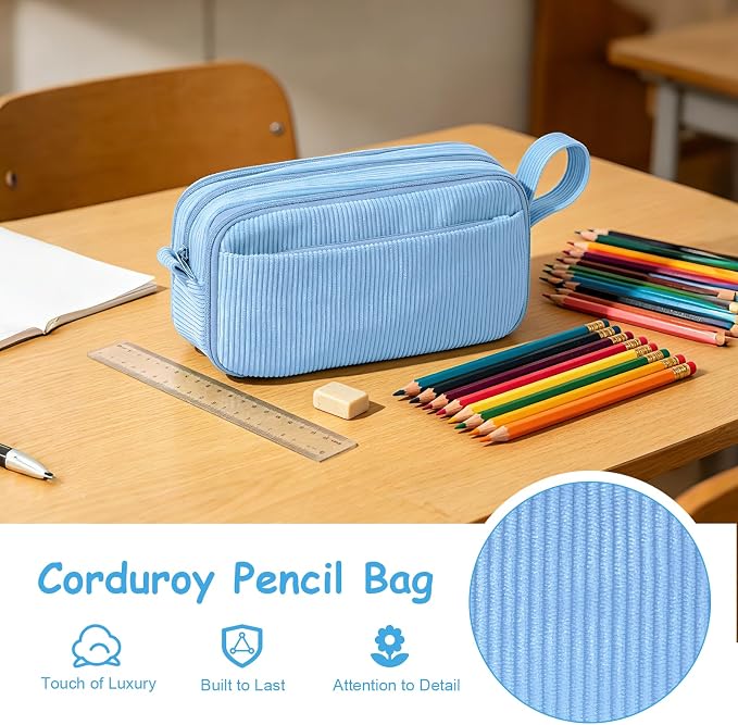 BuyCard Blue Large Capacity Corduroy Pencil Case, Casual Style, Zipper Pouch Organizer for Teen Girls, Boys, Women and Men