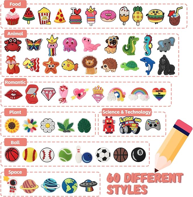Zddaoole 60 Pcs Cute Pencil Topper Decoration, Different Pencil Clip Designs, Suitable for School Prize, Classroom Reward, Gift Idea