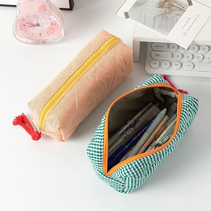 Pencil Case Office College School Storage Bag Pouch Holder Box Organizer Makeup Pouch Cosmetic Bag Aesthetic Cute Pen Case for Girls Boys Kids (Plaid orange)