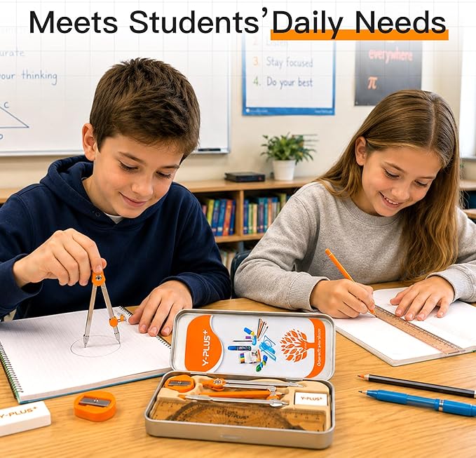 YPLUS Geometry Set for Students, Math Protractor Compass, Box of Protactors Kit for Class Supplies and School Kids Toddler - 11 Pcs