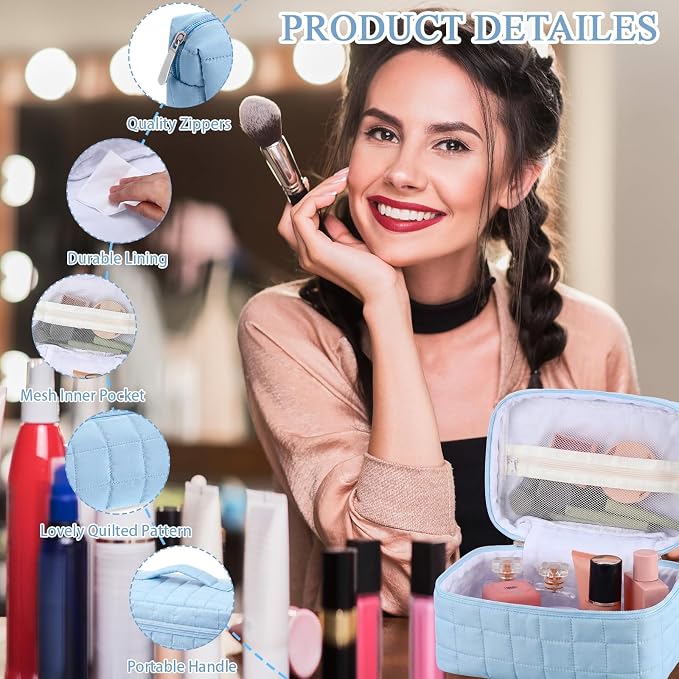 Huhumy 3 Pcs Large Puffy Makeup Bag Set Quilted Cosmetic Pouch for Women Cute Checkered Travel Toiletry Bag Puffer Makeup Organizer Purse Pouch Preppy Pencil Case with Zipper Valentine Gift(Blue)