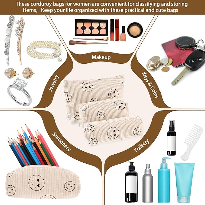 Huhumy 3 Pcs Makeup Bag Set for Women Corduroy Cosmetic Pouch Aesthetic Smile Travel Toiletry Bag Cute Purse Pouch Pencil Case Makeup Brushes Storage Organizer with Zipper(Beige,Smile Face)
