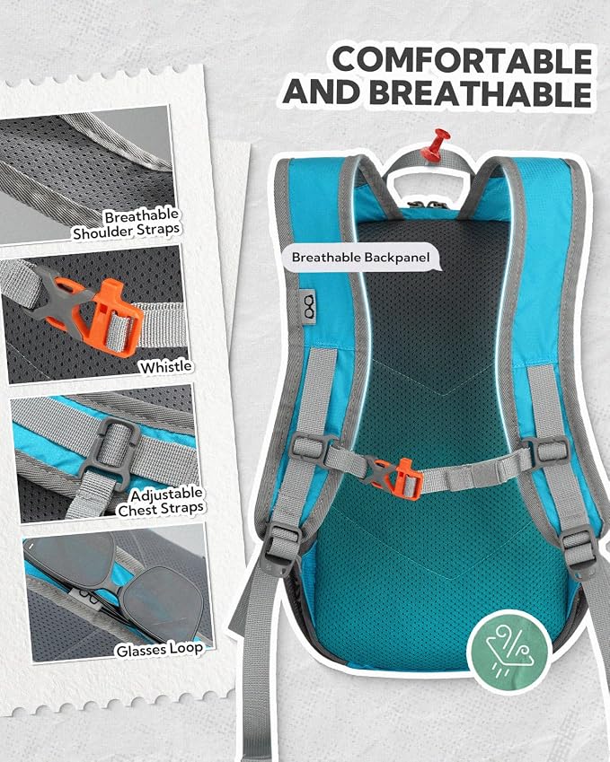 WATERFLY Small Packable Travel Backpack: 10L Ultra-Light Daypack for Adults | 9.2 oz,Water-Resistant Nylon,Breathable Mesh Straps,Reflective Strips,Emergency Whistle,Multi-Pockets,Hiking,Cycling,Commute