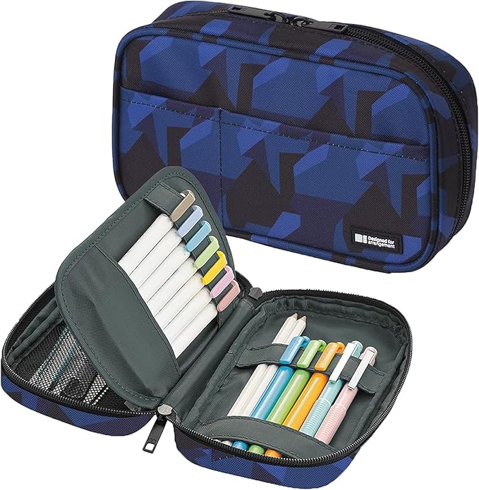 LIHITLAB Large Capacity Zipper Pencil Case For School Office College, Big Capacity 4 Compartments Pencil Bag Holder Adults Teen Boys Girls, Travel Cosmetics Storage, Navy Camo (A7551-132)