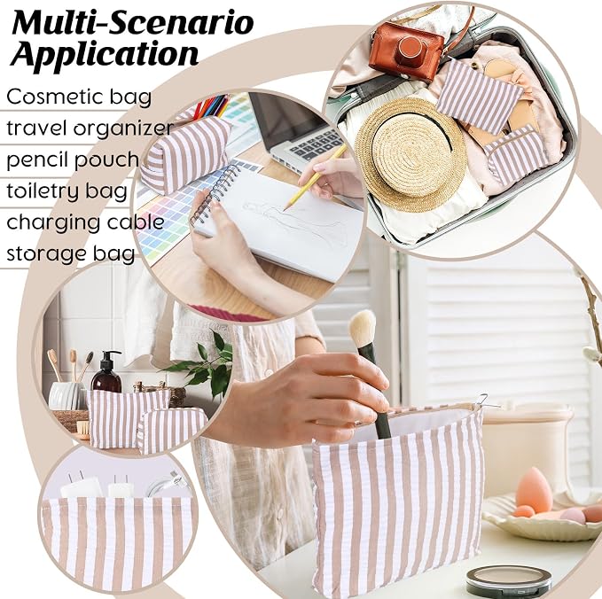 Huhumy 2 Pcs Makeup Bag Set for Women, Khaki, Wide Striped Seersucker | Cute Cosmetic Pouch Women Travel Toiletry Bag Preppy Small Makeup Purse Pouch Aesthetic Skincare Brushes Storage Organizer