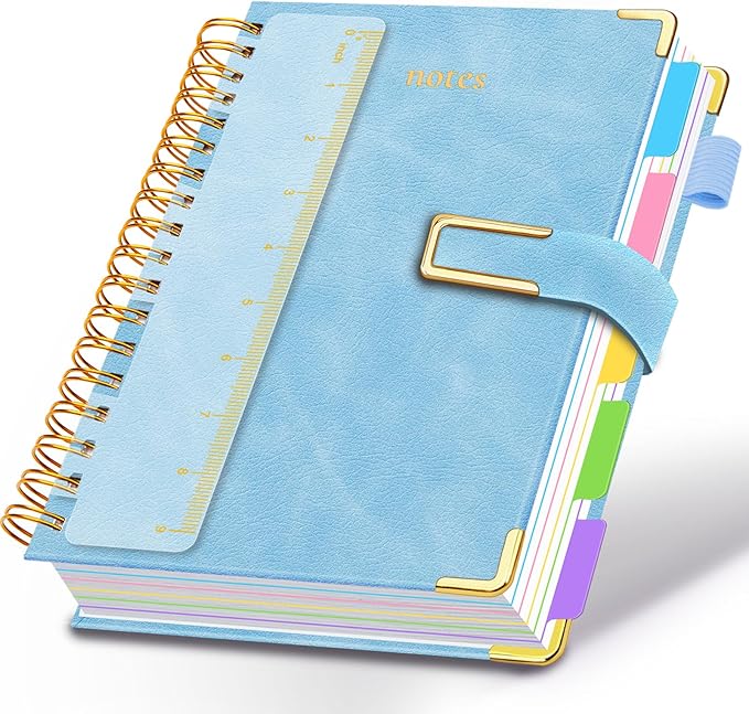 Hardcover Spiral Notebook College Ruled, 8"x10" Leather Journal Notebook with Magnetic Closure, 300 Pages 5 Subject Notebook with Dividers Tabs Journal for Women Men, Work, School(Light Blue)