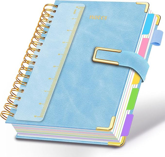 Hardcover Spiral Notebook College Ruled, 8"x10" Leather Journal Notebook with Magnetic Closure, 300 Pages 5 Subject Notebook with Dividers Tabs Journal for Women Men, Work, School(Light Blue)