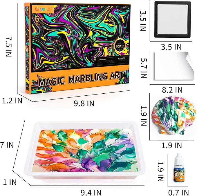 Ci Vetch Water Marbling Paint Kit for Kids, Arts & Crafts, Non-Toxic, Age 3-12, Includes 6 Colors, 10 Sheets, Tools, 12 Shells, 2 Display Boxes
