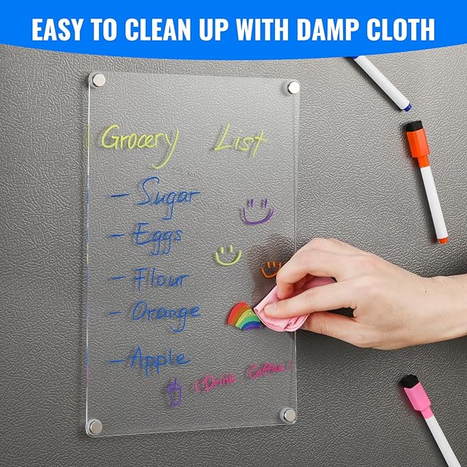 2 Pack 12''*8'' Acrylic Magnetic Whiteboard for Fridge, Clear Dry Erase Menu Board for Refrigerator with 8 Markers, Magnetic Planning Board for to Do List/Shopping List, Meal Planner for Kitchen