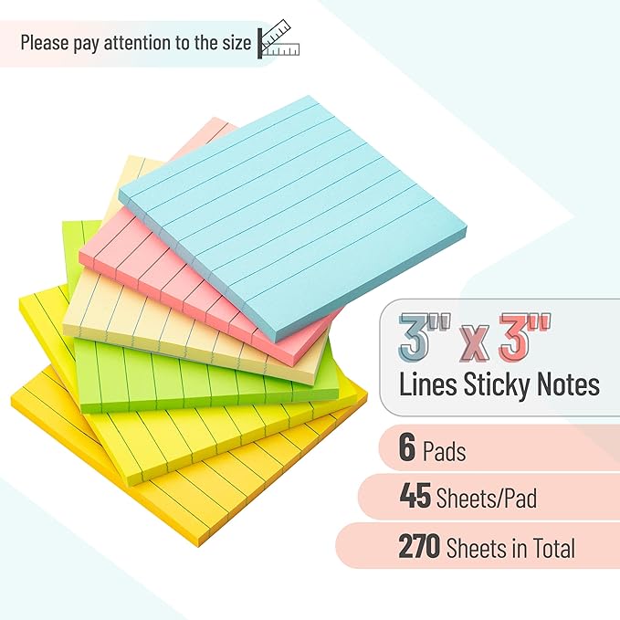 Mr. Pen- Lined Sticky Notes, 3" x 3", 6 Pads, 45 Sheets/Pad, Pastel Color, Sticky Notes with Lines, Ruled Post Stickies, Memo Pads, Self-Stick Note Pad for Office, School, Home, Study & Organization