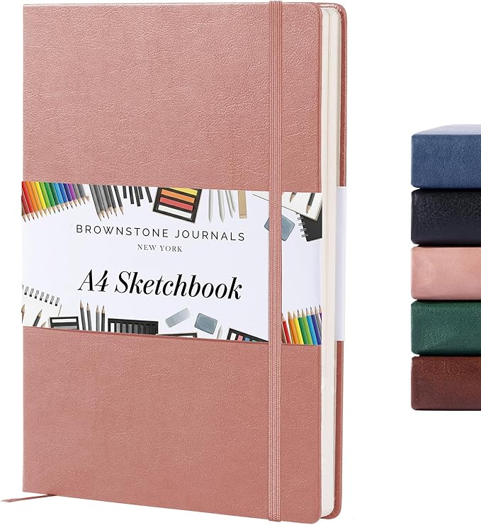 BROWNSTONE JOURNALS A4 Sketch Book Hardcover - 80 Sheets 100 GSM Paper 8.5"x11.5", Lay Flat, Vegan Leather Cover, Elastic Band, Back Pocket, Art Drawing Book (Rose Wood)