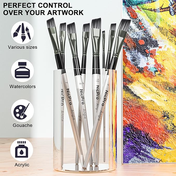 Nicpro 10 PCS Angular Paint Brush Set, Nylon Hair Angled Paint Brushes for Acrylic, Watercolor, Oil, Gouache, Craft, Detail Face Body Art Painting, Base Coating, Artist Paintbrush Kit for Kid & Adult