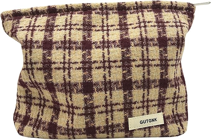 GUTGNK Corduroy Ladies Cosmetic Bag, Large Capacity Canvas Cosmetic Bag Travel Toiletry Bag Accessories Organizer, Purple Check