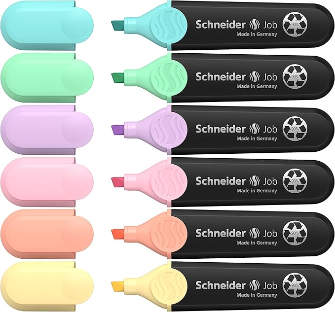 Schneider Job Highlighter Pastel, Chisel Tip, 1 + 5 mm, Black Barrel, Assorted Ink Colors, Pack of 6 Highlighters: Turquoise, Mint, Vanilla, Peach, Lavender, Light Pink (115097)