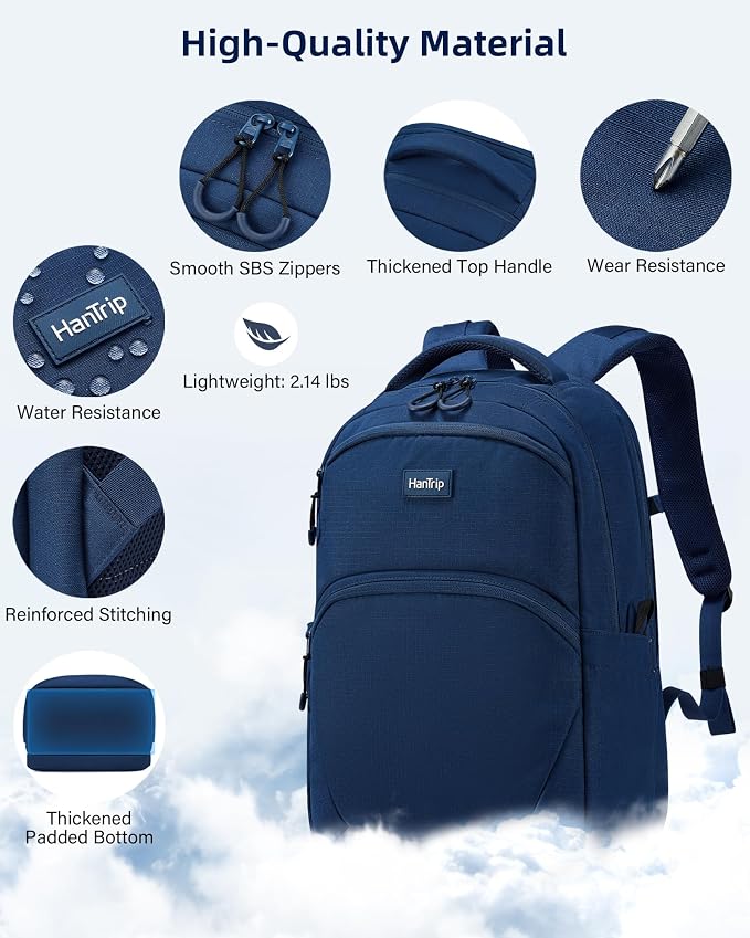 HanTrip 18 Inch Carry on Travel Backpack with Lots of Pockets, Navy Blue | 17 Inch Laptop Sleeve, Luggage Sleeve, Water Bottle Pocket, 30 Liter, Chest Strap, Water Resistant, 18x14x8 Medium Bookbag