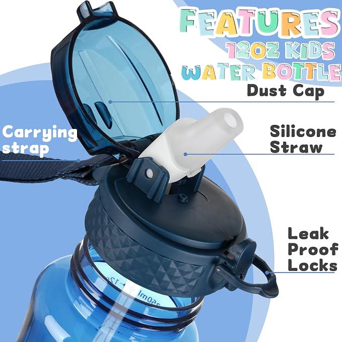 OLDLEY 12oz Kids Water Bottle, Tritan BPA-Free, Leakproof Flip Straw Lid, Motivational Time Marker, Carry Strap, Reusable Clear Water Bottle for Boys & Girls,Slate Blue