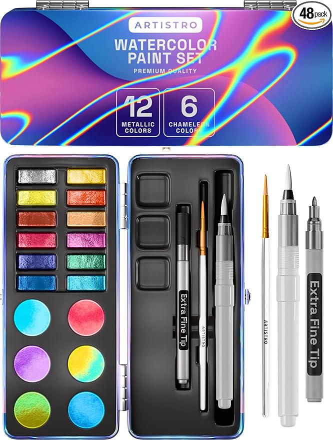 ARTISTRO 18 Metallic Color Watercolor Paint Set - Portable Paint Art Kit with Palette and Brush Pens - Travel Water Color Set for Adults, Professionals, Kids - Art and Painting Supplies - Gift Idea