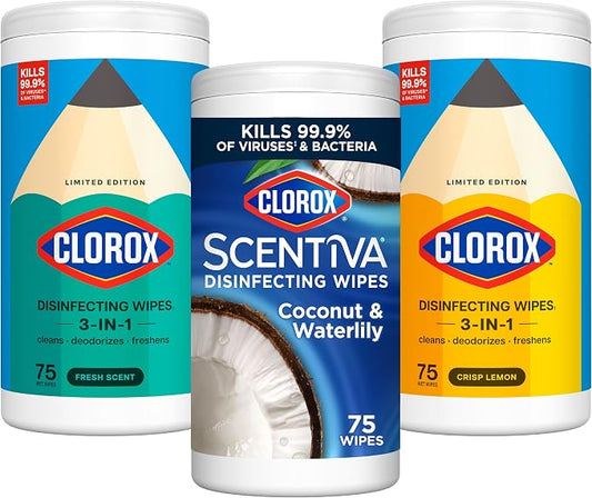 Clorox Disinfecting Cleaning Wipes, Bleach Free, Crisp Lemon, Fresh Scent, Scentiva Coconut and Waterlily, 75 Count Each (Package May Vary)