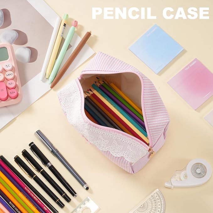 Makeup Bag Travel Toiletry Bag for Women, Small Cosmetic Bags with Lace Trim Cute Pink Stripe Aesthetic Organizer Makeup Pouch for Purse Emergency Bag Pencil Case Accessory Bag