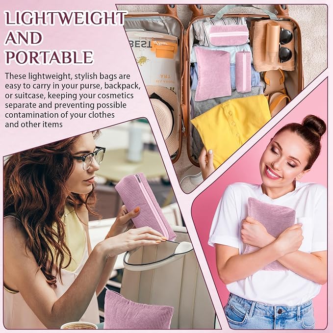 Huhumy 3 Pcs Makeup Bag Set for Women Corduroy Cosmetic Pouch Aesthetic Smile Travel Toiletry Bag Cute Purse Pouch Pencil Case Makeup Brushes Storage Organizer with Zipper(Rose Pink,Solid Style)