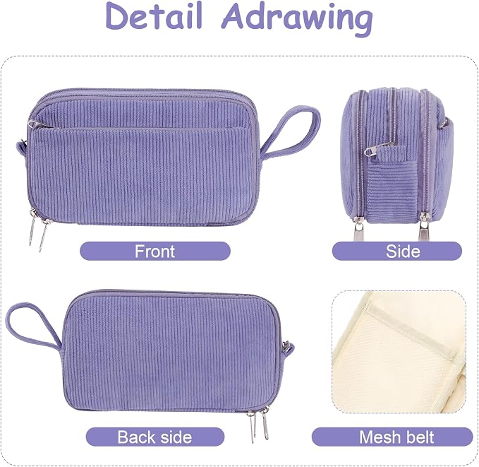 BuyCard Purple Large Capacity Corduroy Pencil Case, Casual Style, Cute Pencil Bag, Kawaii Stationery Storage and Organizer, Graduation Gift Office Stationery Storage Pen Pouch for Classroom Teacher