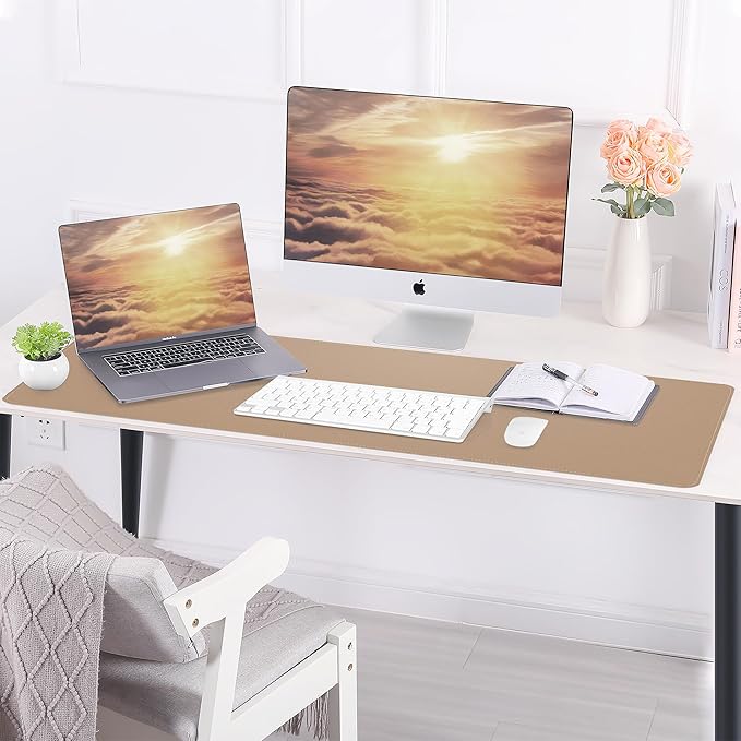 AFIING Cork Desk Mat 35.4" x 17", Dual-Sided Natural Cork & PU Leather Desk Pad, Non-Slip Waterproof Large Mouse Pad for Office, Home & Gaming, Dark Apricot