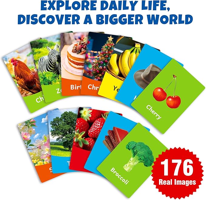 rokt&razo 96 Jumbo Toddler Flash Cards, 10 Topics, 176 Real Images | Alphabet, Numbers, Colors, Shapes & Daily Objects, Fruits - Learning Activities for Ages 1-3, Preschool Educational Tool