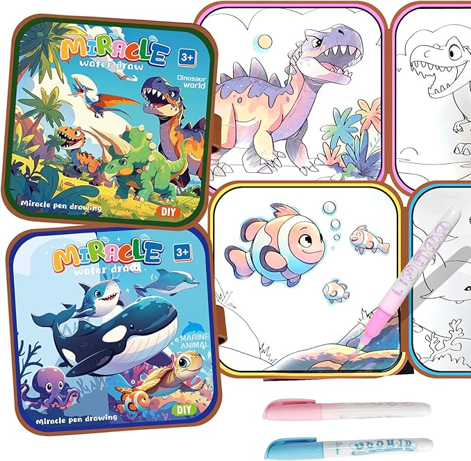 2 Pack Reusable Water Coloring Book for Toddlers,Dinosaur & Marine Themes Magic Water Painting Books Mess-Free Coloring Book with Water Pen for Kids Ages 3+