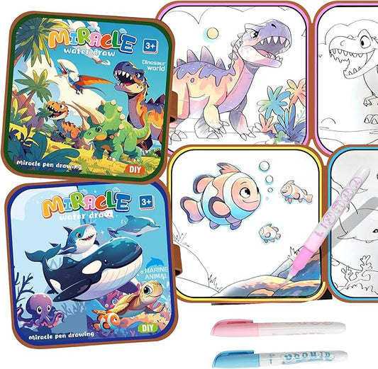 2 Pack Reusable Water Coloring Book for Toddlers,Dinosaur & Marine Themes Magic Water Painting Books Mess-Free Coloring Book with Water Pen for Kids Ages 3+