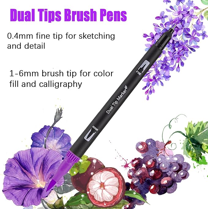 Purple Dual Tip Brush Pen,Colored Fine & Brush Calligraphy Pens, Dual Tip Purple Markers for Adult Coloring Books Drawing Planner Calendar Art Sketch Outlining Sketching Calligraphy