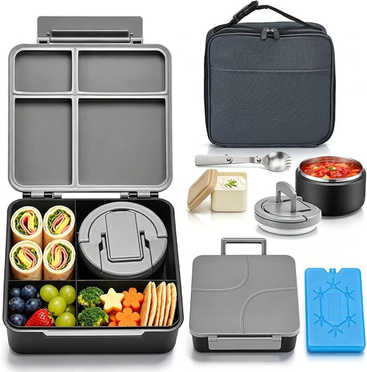 Bento Lunch Box with 8oz Soup Thermo,Kids Leakproof 4 Compartment Lunch Food Containers with Sauce Cup and Ice Pack,Kids Thermo Insulated Hot Food Jar and Lunch Bag for School,Trvael-Black