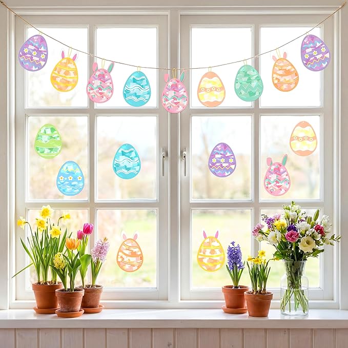 Renbuzhu 48PCS Easter Crafts Bulk: Eggs Paper Suncatchers DIY Kit for Activities Decorations, Window Stained Glass Effect Art Ornaments