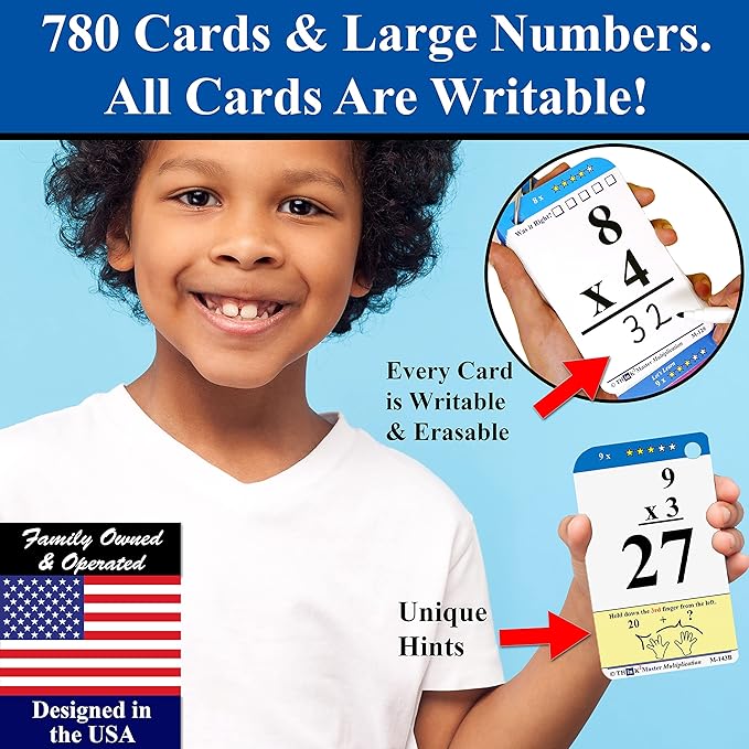 Think2Master Addition, Subtraction & Multiplication Flash Cards. This 3 Pack Includes 780 Laminated Cards to Learn How to add, Subtract, Multiply, Divide. Plus 6 Dry Erase Markers & 15 Rings