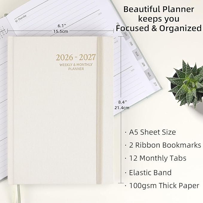 2026-2027 Planner - Weekly and Monthly Planner, July 2026 - June 2027, Linen Hardcover, 2026-2027 Calendar Planner Book with Tabs, Aesthetic, Perfect for Office Home School Supplies (Beige, A5 (Jul 2026-Jun 2027))